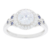 Elegant White Moissanite Sterling Silver Ring with blue gemstone accents, radiating luxury and sophistication.